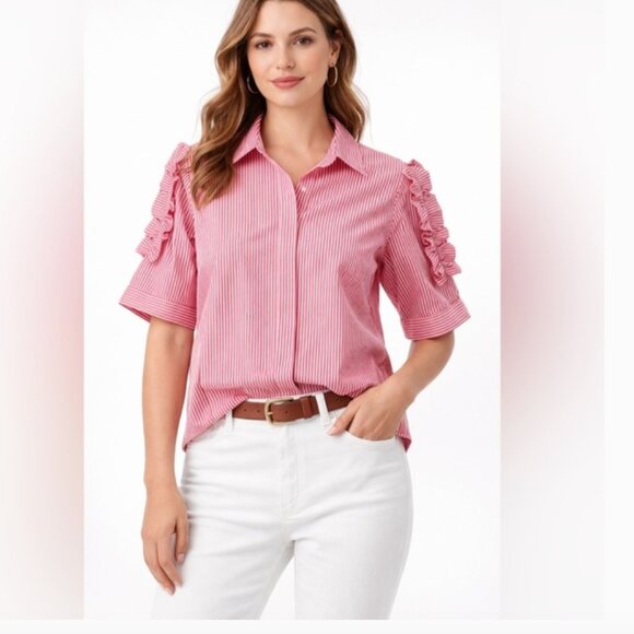 Walter Baker Tops - WALTER BAKER Red White Striped Button-Down Short Sleeve Blouse, Ruffle, Size S